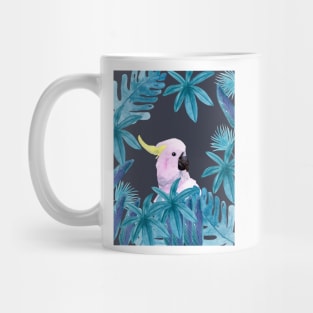 Cockatoo with tropical leaves in watercolor and an indigo background Mug